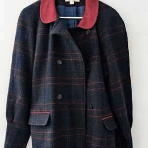 Vintage Navy Plaid Pea Coat with Red Collar